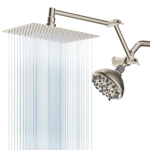 All Metal Shower Head, 10" High Pressure Dual Rainfall/Handheld Shower Head Combo with 16" Adjustable Shower Extension Arm, 7 Spray Modes Fixed Showerhead, 3-Way Diverter Valve, Brushed Nickel - color: Brushed Nickel, style: Square