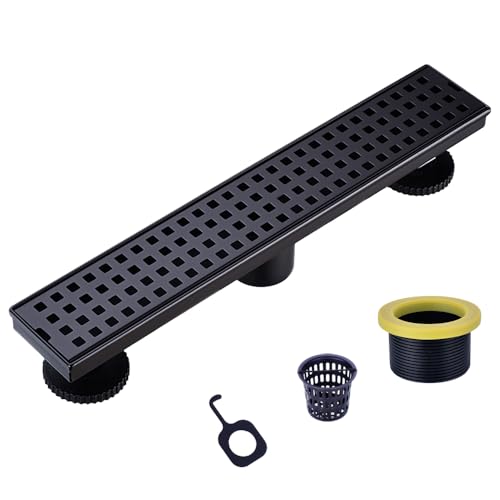 16" SUS304 Linear Shower Drain,Hair Strainer&Adjustable Feet,Matte Black | Nicmondo,2"US Standard Outlet,Sloped channel & checkered grate for fast anti-pooling drainage,indoor & outdoor multi-scene
