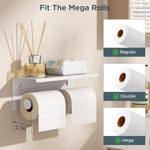FORIOUS Toilet Paper Holder with Shelf, Commercial Toilet Paper Dispensers | White | Wall Mount Bathroom Tissue Holder | SUS304 Stainless Steel Rustproof | Double Tissue Roll Holder - color: White