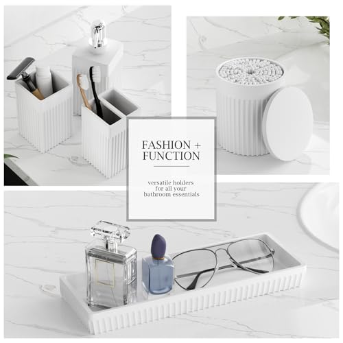 6-Piece White Bathroom Set - Modern Resin Bathroom Accessories Set with Soap Dispenser, Toothbrush Holder, Vanity Tray, Tumbler & Apothecary Jars for Small Spaces - color: White