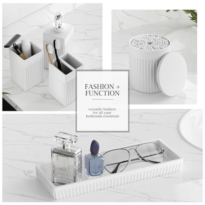 6-Piece White Bathroom Set - Modern Resin Bathroom Accessories Set with Soap Dispenser, Toothbrush Holder, Vanity Tray, Tumbler & Apothecary Jars for Small Spaces - color: White