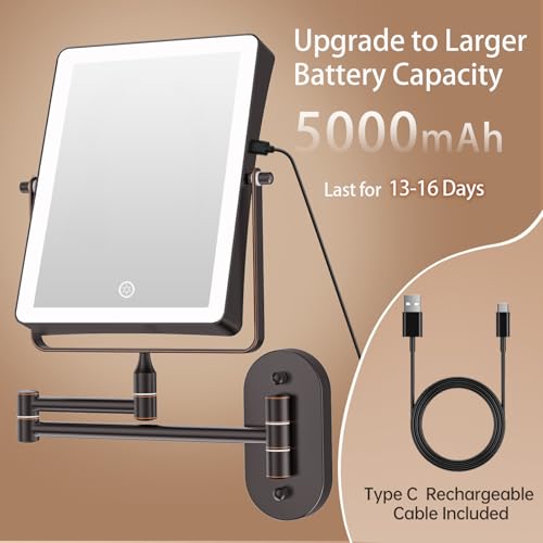 FASCINATE 8.7" 5000mAh Rechargeable Wall Mounted Makeup Mirror (Bronze) | Double Sided 1X 30X Rectangle Wall Mounted Magnifying Mirror with Light, 3 Color Setting, Extended Arm 360° Foldable - color: Bronze a