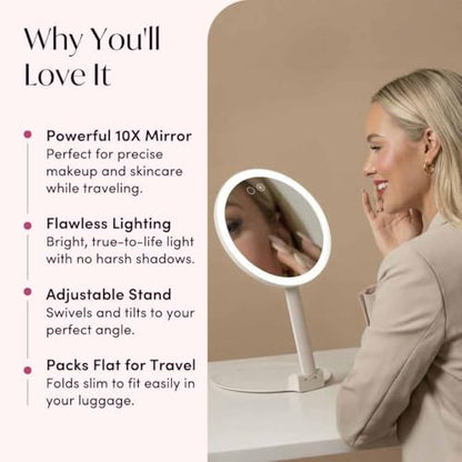 Fancii 10x Travel Magnifying Makeup Mirror with Lights, Rechargeable, Height Adjustable 8" Stand, 3 Dimmable Color Modes, Portable LED Vanity Mirror (Abigail)