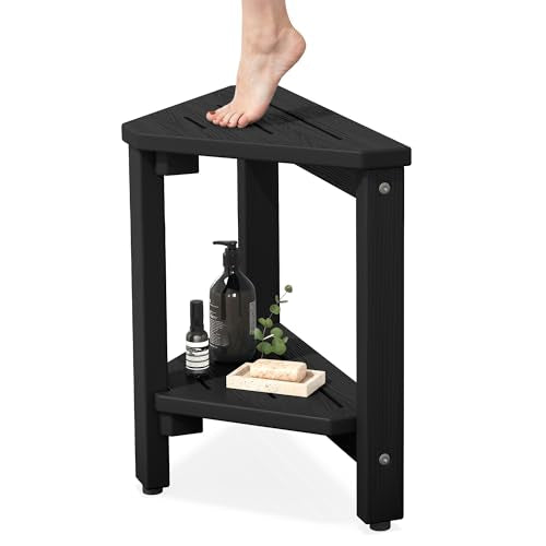 SERWALL 15" Shower Foot Rest for Shaving Legs, Waterproof Corner Shower Stool for Inside Shower, HDPE Shower Bench with Storage Shelf, Load 360Lbs, Indoor/Outdoor Use, Black - color: Black