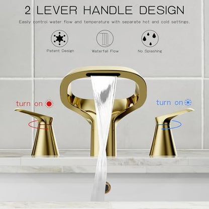 Gold Bathroom Faucet 3 Hole, 8 Inch Widespread Gold Faucets 2-Handle for Bathroom Vanity Sink with Adjustable Spout, with Supply Line, for 6 to 12 in Sink - color: Bright Gold, style: Modern