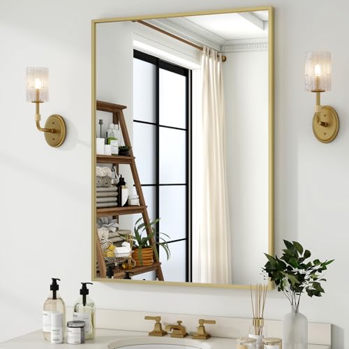 HARRITPURE 26"x38" Rectangle Bathroom Mirror, Gold Vanity Wall Mirror | Aluminum Alloy Frame Wall Mirror, Horizontal or Vertical Wall Mount for Entryway Bedroom Living Room - size: 38"L x 26"W