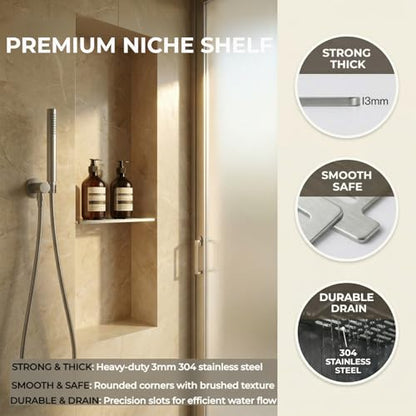 Shower Niche Shelf for 12 Inch Prefab Niches,Fits 1/8" Grout Lines | Brushed 304 Stainless Steel, Rustproof, Easy to Clean, for New Remodels (Install Pre-Tile), Fits Prefab Kerdi Board SN/-SNLT
