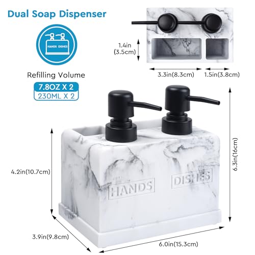 Kitchen Soap Dispenser Set,with Liquid Hand and Dish Soap,Sponge Holder and Brush Holder 4-in-1 Dual Soap Dispenser Set for Kitchen Sink, Bathroom - Artificial White Marble Look - color: 4 in 1 - White Marble Look