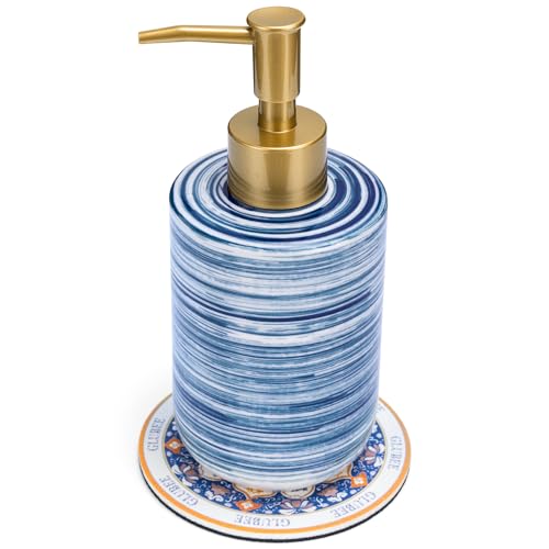 Ceramic Soap Dispenser Set - Compact Refillable Hand & Dish Soap Dispenser for Bathroom & Kitchen, Non-Slip Absorbent Mat & Silicone Funnel, Space-Saving Countertop Design, 11.8 oz