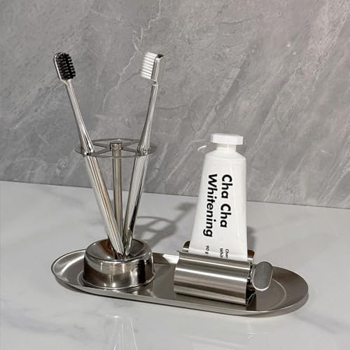 OUKENS Multi Functional Stainless Steel Toothbrush, Toothbrush Holder Stand, Holder Organizer Toothpaste Stand for Bathroom Vanity Countertop, Stylish Design
