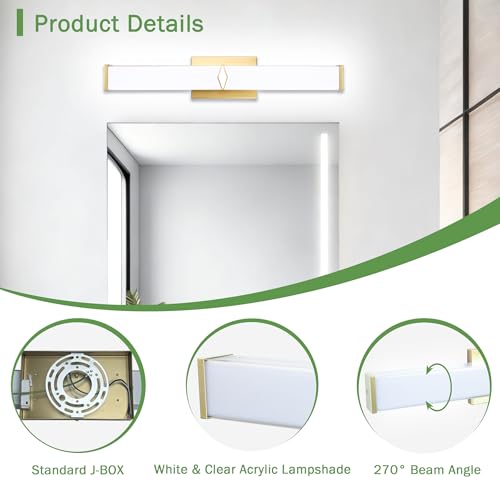 24 Inch Bathroom Vanity Light 2500LM, 5700K Daylight White Modern Bathroom Light Dimmable, AC 120V 25W Gold LED Vanity Lighting Fixtures Wall Sconce ETL Certified, 2Pack - color: Gold-5700K, size: 24 INCH(2 Pack)