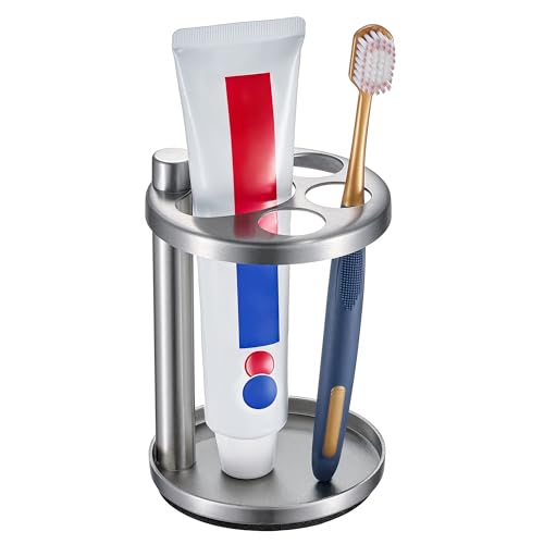 Toothbrush & Toothpaste Holder for Bathroom Countertop, Metal Electric Toothbrush Stand with Razor Slot, Ideal Design Caddy for Kids & Family, Brushed Silver - color: Brushed Silver