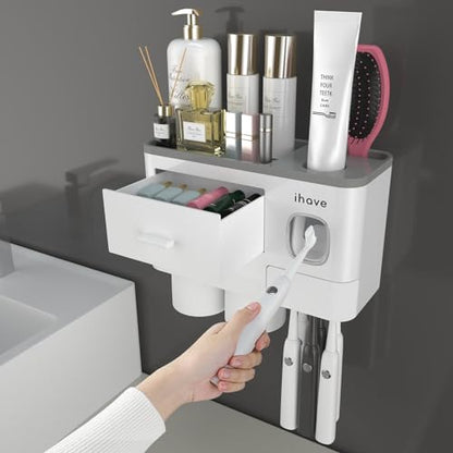 iHave Toothbrush Holders Wall Mounted with Toothpaste Dispenser & 2 Cups | All-in-One Bathroom Organizer: 2 Cups, 6 Slots, Toothpaste Dispenser, Large Tray & Drawer. Wall Mount, No Drilling Required - color: White, size: 2 cup