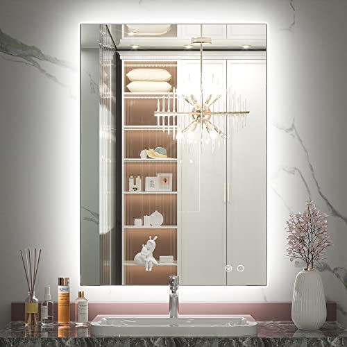 Keonjinn 24" x 36" LED Bathroom Mirror, Blacklit Mirror with 3 Color Lights, HD Tempered Glass, Safe Defogging, UL Listed LED Driver, Dimmable, Memory Function, Wall Mounted Vanity Mirrors with Lights - color: Backlit 3-color, size: 36"L x 24"W