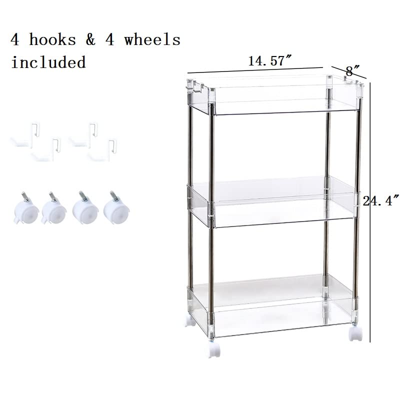 Chris.W Slim Storage Cart 3 Tier with Wheels, Clear Bathroom Cart Organizer, Mobile Shelving Unit Rolling Utility Cart, Slide Out Organizer for Kitchen, Bathroom, Laundry, Narrow Places, Office - 8" W - size: 8"W