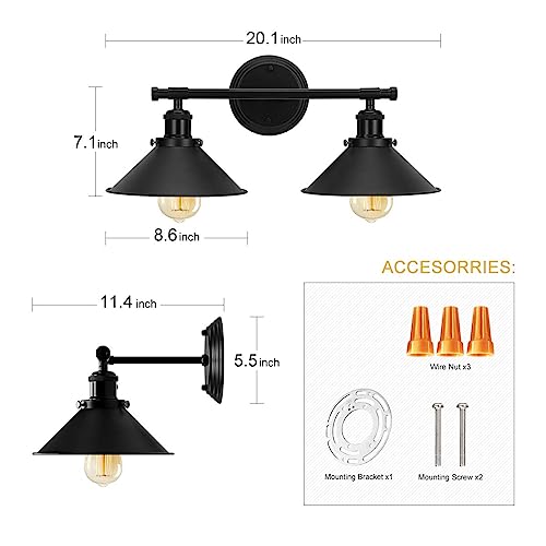 Black Bathroom Light Fixture, 2-Light Farmhouse Vanity Lights for Bathroom | Solid Metal, 20" Matte Black Bathroom Light Fixtures, Industrial Wall Sconce, Vanity Lighting Fixtures over Mirror Kitchen - size: 2-Light