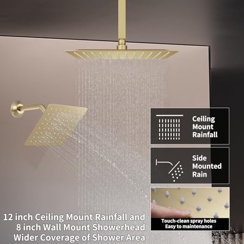 Thermosttic Shower Faucet Set Brushed Gold Shower System with 12 and 8 inch Rain Shower Head, 4 Body Jets, Handheld Spray - color: Brushed Gold, size: 12+8" Ceiling Shower