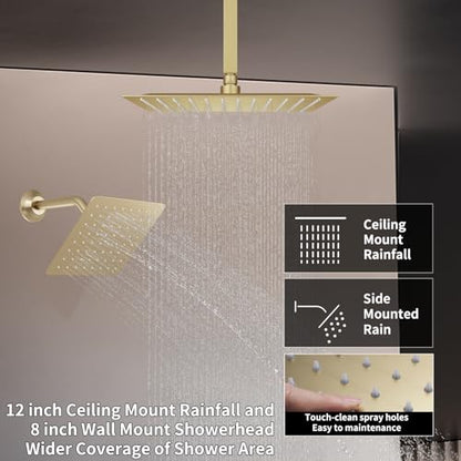 Thermosttic Shower Faucet Set Brushed Gold Shower System with 12 and 8 inch Rain Shower Head, 4 Body Jets, Handheld Spray - color: Brushed Gold, size: 12+8" Ceiling Shower