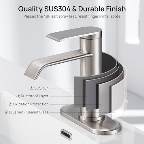 Bathroom Sink Faucet 1 Hole with Metal Pop-up Drain Brushed Nickel | Single Handle Bathroom Faucet with Supply Lines and Deck, Modern Waterfall Bathroom Faucets, for 1 or 3 Hole, G-7001BN - color: Brushed Nickel