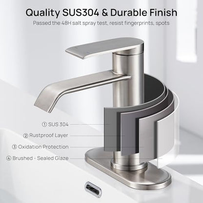 Bathroom Sink Faucet 1 Hole with Metal Pop-up Drain Brushed Nickel | Single Handle Bathroom Faucet with Supply Lines and Deck, Modern Waterfall Bathroom Faucets, for 1 or 3 Hole, G-7001BN - color: Brushed Nickel