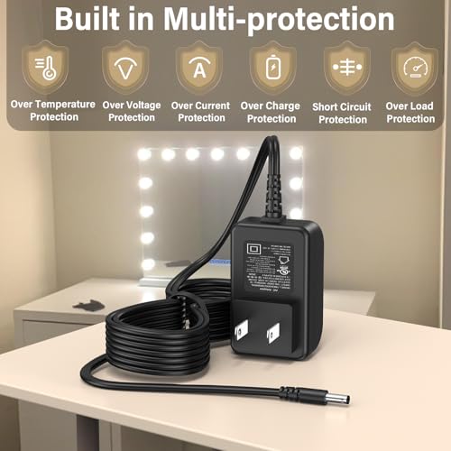 12V 2A Vanity Makeup Mirror Charger Compatible with Hansong Make-up Mirror | Power Cord AC Adapter Fit for Hansong DC117-15 DC11715 Bedroom Light Up Vanity Mirror Charging Plug Cable 12VDC 2000mA DC12V