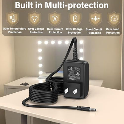 12V 2A Vanity Makeup Mirror Charger Compatible with Hansong Make-up Mirror | Power Cord AC Adapter Fit for Hansong DC117-15 DC11715 Bedroom Light Up Vanity Mirror Charging Plug Cable 12VDC 2000mA DC12V