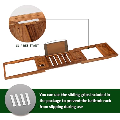 VaeFae Premium Teak Bathtub Tray, Expandable Wooden Bath Tray for Tub, Luxury Bathtub & Bathroom Accessories, Great House Warming, Anniversary & Wedding and Birthday Gifts (Free Teak Body Brush)