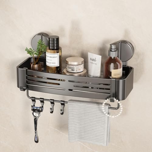 Shower Caddy Suction Shower Shelf No Drilling Shower Organizer Suction Cup Shower Storage Rack Aluminum Wall Mounted Shampoo Holder with Towel Bar Hooks (1-Pack, Matte Gray)