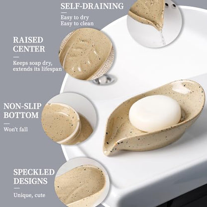 Soap Holder, Self Draining Soap Dish, Leaf Shape Bar Soap Holder Ceramic Drain Soap Dishes for Bathroom Sink Shower Kitchen, Easy to Clean Keeps Soap Dry, ANTIS'S HOME - color: Lightcurry-1pcs-enhanced Draining