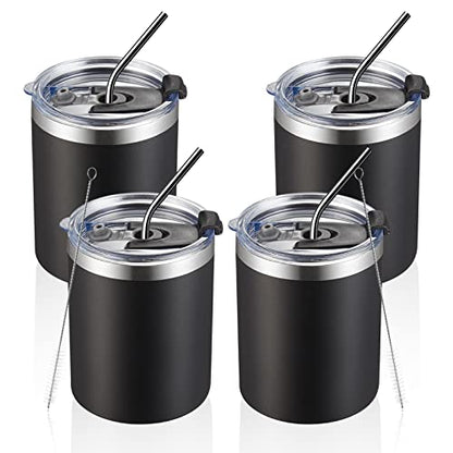 MEWAY 12 oz Lowball, Tumbler Stainless Steel Double Wall Vacuum Insulated Mug with Straw and Lid, Cleaning Brush ，Durable Powder Coated Insulated Coffee Cup for Cold & Hot Drinks (Black,4 pack) - color: Black