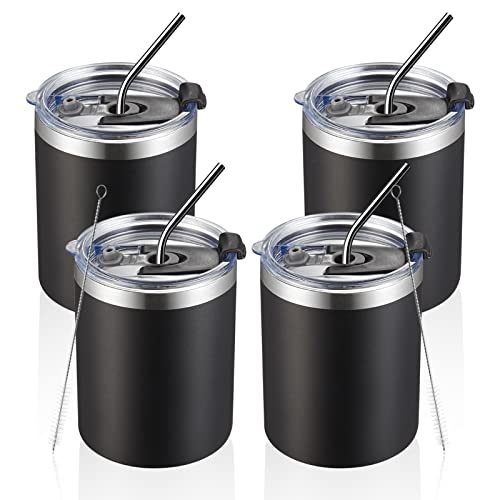 MEWAY 12 oz Lowball, Tumbler Stainless Steel Double Wall Vacuum Insulated Mug with Straw and Lid, Cleaning Brush ，Durable Powder Coated Insulated Coffee Cup for Cold & Hot Drinks (Black,4 pack) - color: Black