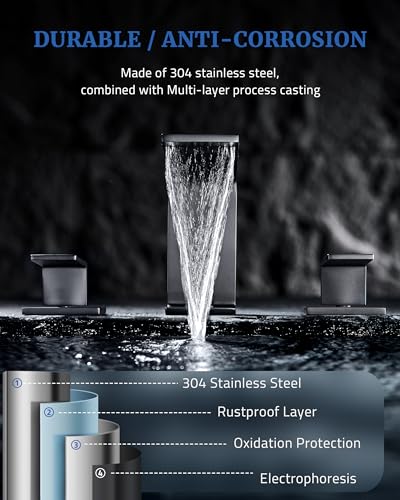 8 Inch Waterfall Bathroom Faucet, 3 Hole Bathroom Sink Faucet with Drain | 304 Stainless Steel, Widespread Vanity Faucets, Anti-Rust, for Modern Bathroom, Guest Suite, RV, Farmhouse, w/ Supply Lines