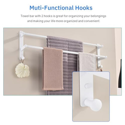 White Double Towel Bar with Hooks, 30 Inch Wall Mounted Long Towel Rack - Stainless Steel Bathroom Towel Holder - color: White, size: 30-Inch