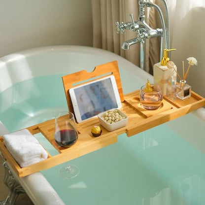 Bathtub Caddy Tray, Bamboo, Waterproof, Expandable | Adjustable shelf, fits over tub, holds book/tablet/wine glass, easy to clean