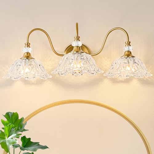 Gold Bathroom Vanity Light, 3-Light Brushed Gold Finish Vanity Light with Floral Clear Glass Shades, Retro Wall Mount Lighting for Bathroom, Dressing Table - color: Gold, size: 3-Light