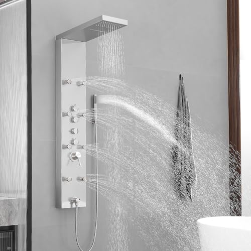 Brushed Nickel Shower Panel System Stainless Steel Rainfall Shower Tower | 4-Functions with 8 Adjustable Water Massage Nozzles Handheld Showerhead Wall Mounted Shower Panels by BATHLAVISH - color: Nickel