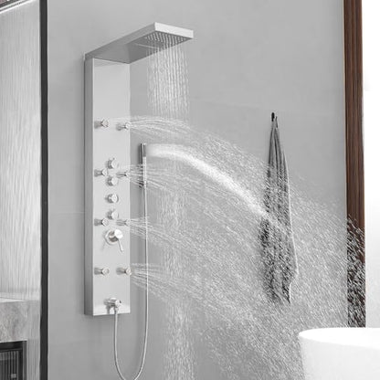 Brushed Nickel Shower Panel System Stainless Steel Rainfall Shower Tower | 4-Functions with 8 Adjustable Water Massage Nozzles Handheld Showerhead Wall Mounted Shower Panels by BATHLAVISH - color: Nickel