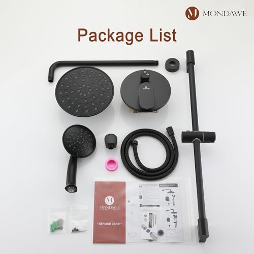MONDAWE 8 Inch Wall Mounted Shower Faucet Set in Matte Black, Rainfall Shower Head with 3-Setting Handheld Spray Shower Set Combo, High Pressure Shower System with Solid Brass Valve - color: Matte Black, style: 8 IN - Without Tub Spout