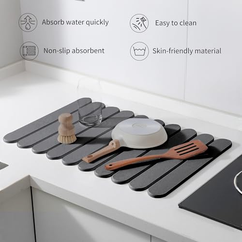 24"×16" Grey Stone Dish Drying Mats for Kitchen Counter, Large Quick Dry Collapsible Eco-Friendly Super Absorbent Diatomaceous Earth Heat-resistant Mat for Dishes Bottles Cups, Match Any Countertop - color: Dark Grey