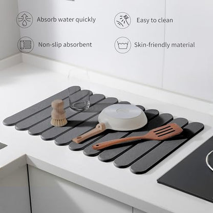 24"×16" Grey Stone Dish Drying Mats for Kitchen Counter, Large Quick Dry Collapsible Eco-Friendly Super Absorbent Diatomaceous Earth Heat-resistant Mat for Dishes Bottles Cups, Match Any Countertop - color: Dark Grey