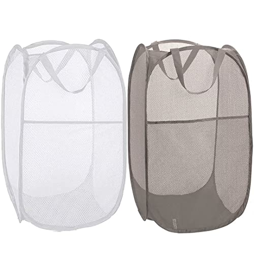 BATTOO Deluxe Strong Mesh Pop up Laundry Hamper Basket with Side Pocket Foldable Hamper for Laundry Room, Bathroom, Kids Room, College Dorm or Travel Grey + White - color: Grey + White, size: 2 pack