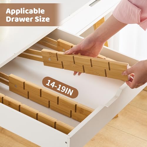 Bamboo Drawer Dividers with Inserts kitchen drawer organizer Adjustable Expandable 8 Pack Organizer Set for Kitchen Bedroom Bathroom Office 8 Dividers with 16 Inserts (Natural, Small (14-19IN))