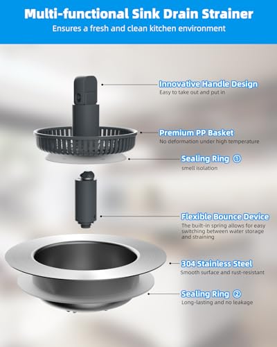 Hibbent Upgraded 3 in 1 Kitchen Sink Drain Strainer and Stopper Combo, Stainless Steel Metal Pop Up Sink Stopper, Anti-Clogging Basket with Foldable Handle for US Standard 3-1/2 Inch Drain - style: Stainless Steel with 1 Strainer