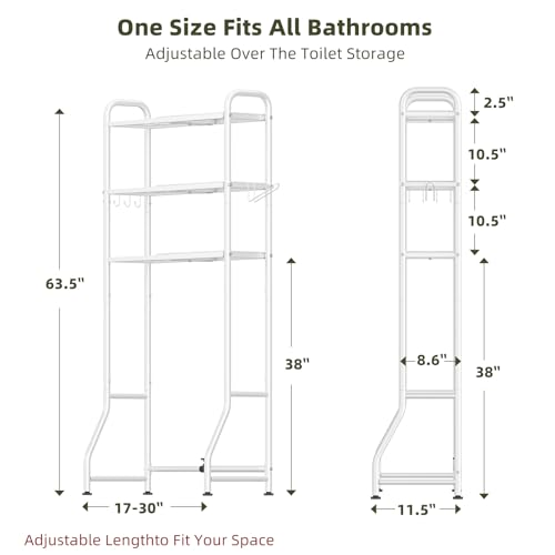 Simple Trending Expandable Over The Toilet Storage Rack, Metal 3 Tier Bathroom Organizer Shelf with Paper Holder and 3 Hooks, White - color: White