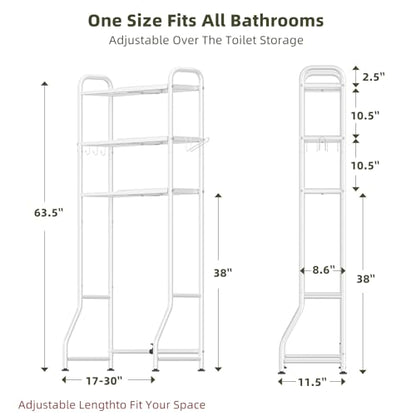 Simple Trending Expandable Over The Toilet Storage Rack, Metal 3 Tier Bathroom Organizer Shelf with Paper Holder and 3 Hooks, White - color: White
