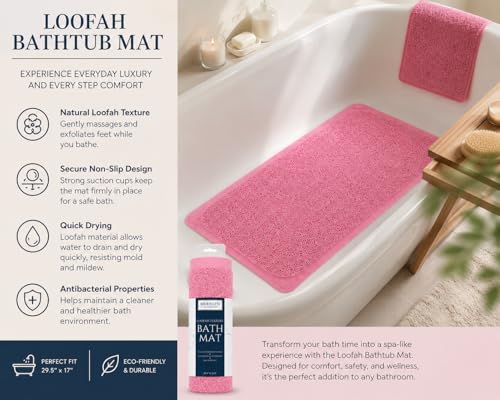 Home Expressions Non Slip with Suction Cups Loofah Bathmat 27"x15" & 29.5"X16.9", PVC Loofah Bathroom Mats, Loofah Mats for Shower and Bathroom, Quick Drying, (Pink 29.5"X16.9") - size: PINK 29.5"X16.9"
