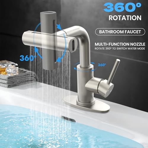 Brushed Nickel Bathroom Faucet with Sprayer - Brushed Nickel Bathroom Faucets for Sink 1 Hole or 3 Holes, 4 Mode Single Handle Vanity Faucet Waterfall Bathroom Faucet with Pull Down Sprayer (No Drain) - color: Brushed Nickel