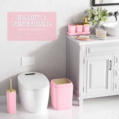 XLHOMO Bathroom Set - Pink Bathroom Sets with Shower Curtain and Rugs, 24PCS Shower Curtain Set with Hooks, Soap Dispenser, Soap Dish, Toilet Brush Holder and Trash Can for Housewarming - color: Pink and Gold, size: Bathroom Set+Shower Curtain+Bath Rugs