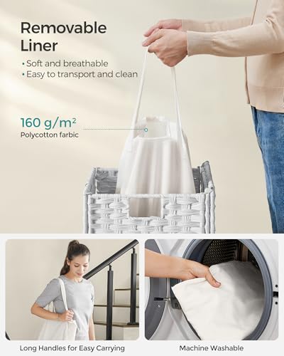 SONGMICS Laundry Hamper with Lid, 23.8 Gal (90 L) Synthetic Rattan,Foldable | Clothes Laundry Basket with Handles, Removable Liner, Cloud White, ELIOTT Collection ULCB165W01 - color: Cloud White, size: 90 L