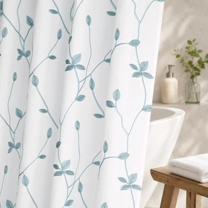 Embroidered Leaf Farmhouse Shower Curtain,Faux Linen,72Wx72L,White Teal | Boho Modern Shower Curtain Set, Washable & Waterproof Fabric, Floral Shower Curtains for Bathroom with Hooks - color: White Teal